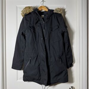 S13 Black Parka Anorak Coat Jacket with Faux Fur Hood Size Small S Neutral Warm